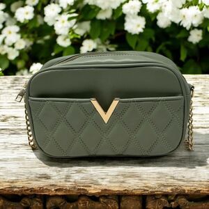 Crossi Olive Green Quilted Crossbody Bag With Gold Chain Strap & Stylish V Accen